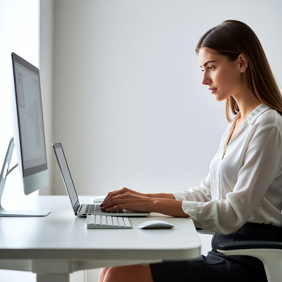 Woman working at desk with computers Woman working at desk with computers