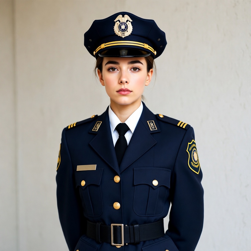 Woman in police uniform stands straight Woman in police uniform stands straight