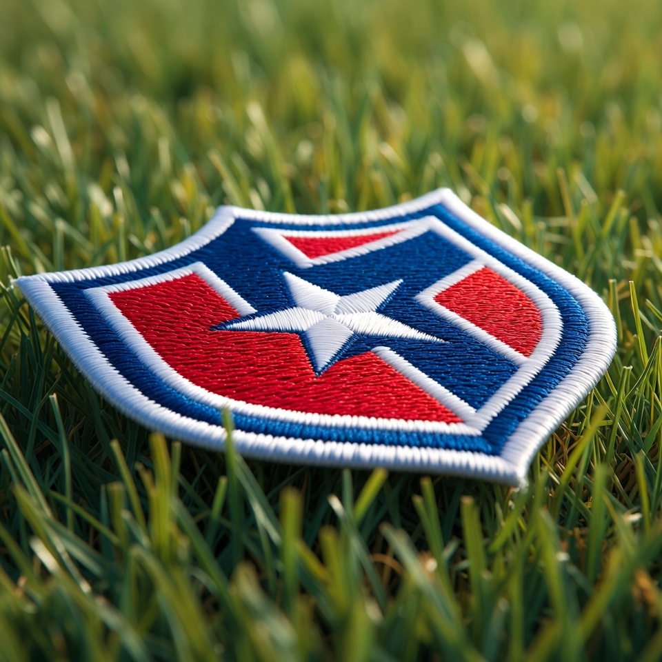 Embroidered patch on grass surface Embroidered patch on grass surface
