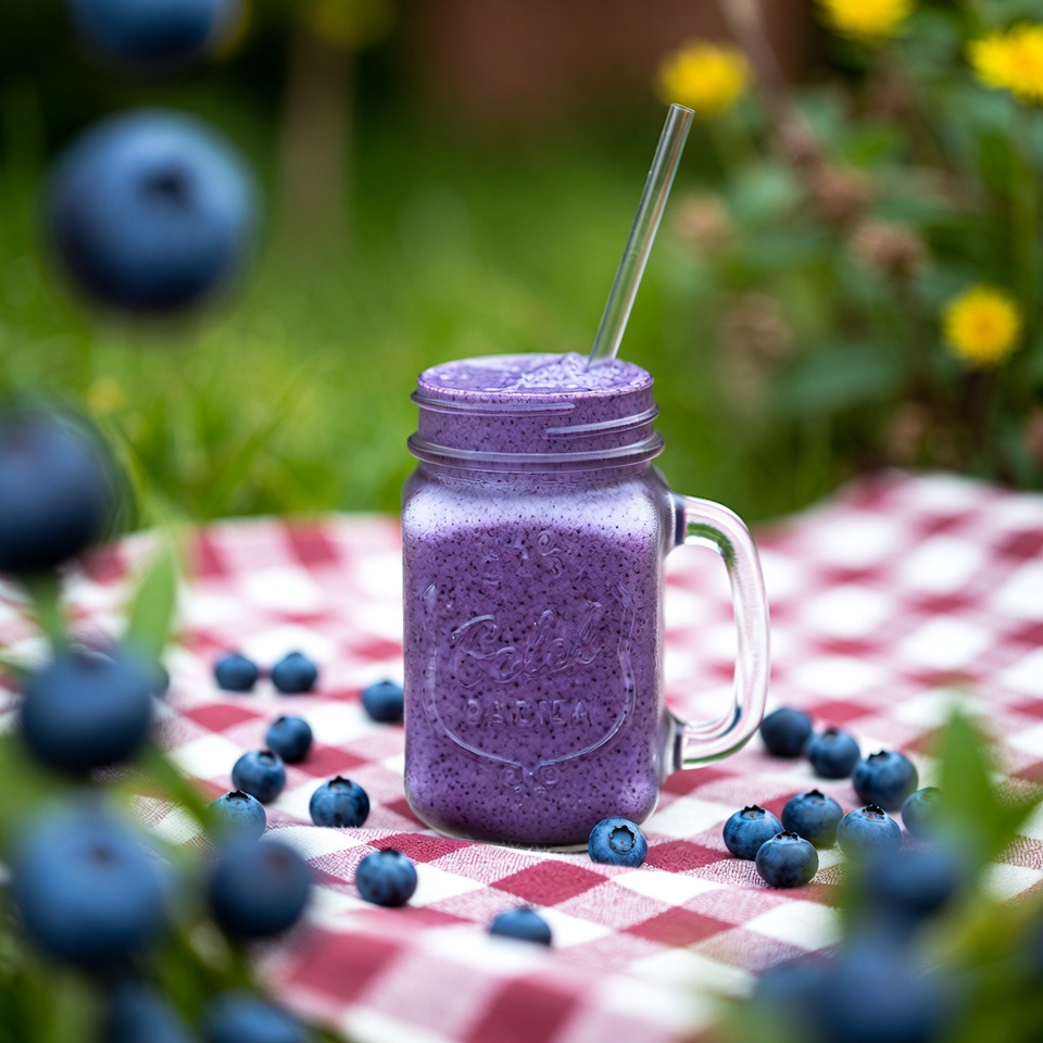 Blueberry smoothie on picnic blanket Blueberry smoothie on picnic blanket