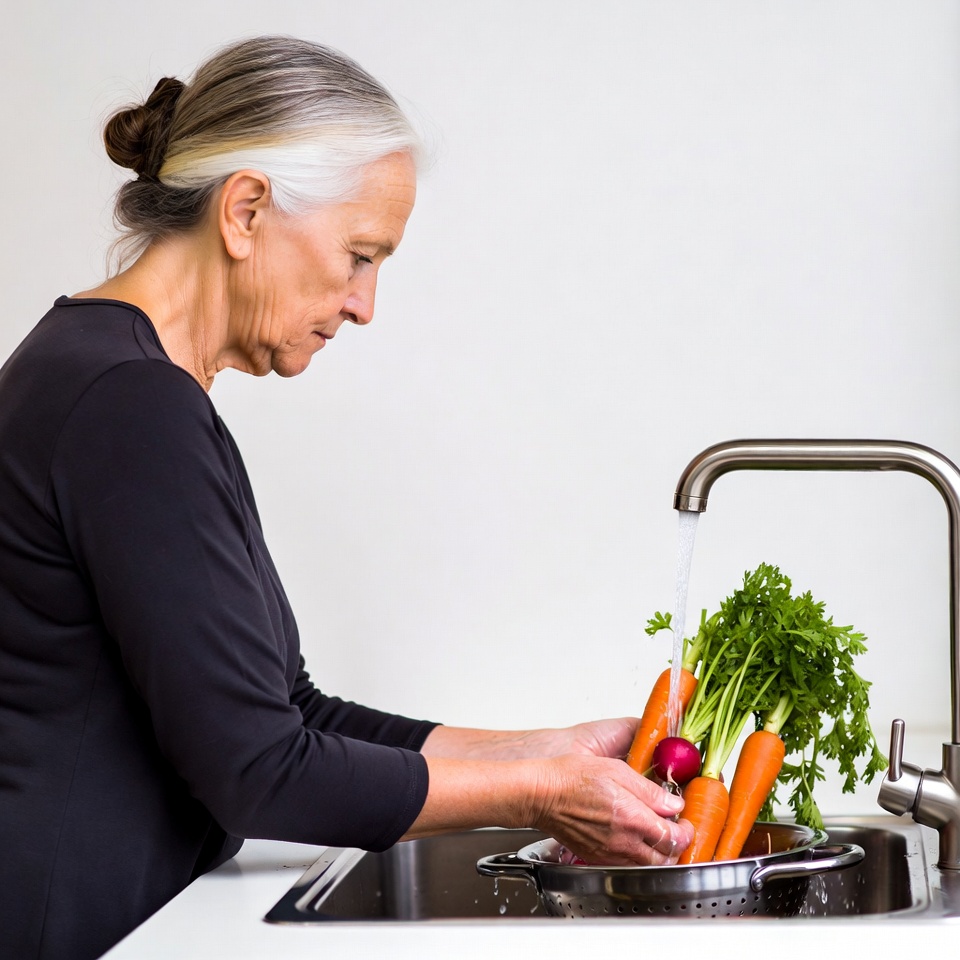 Woman washing vegetables in kitchen sink Woman washing vegetables in kitchen sink