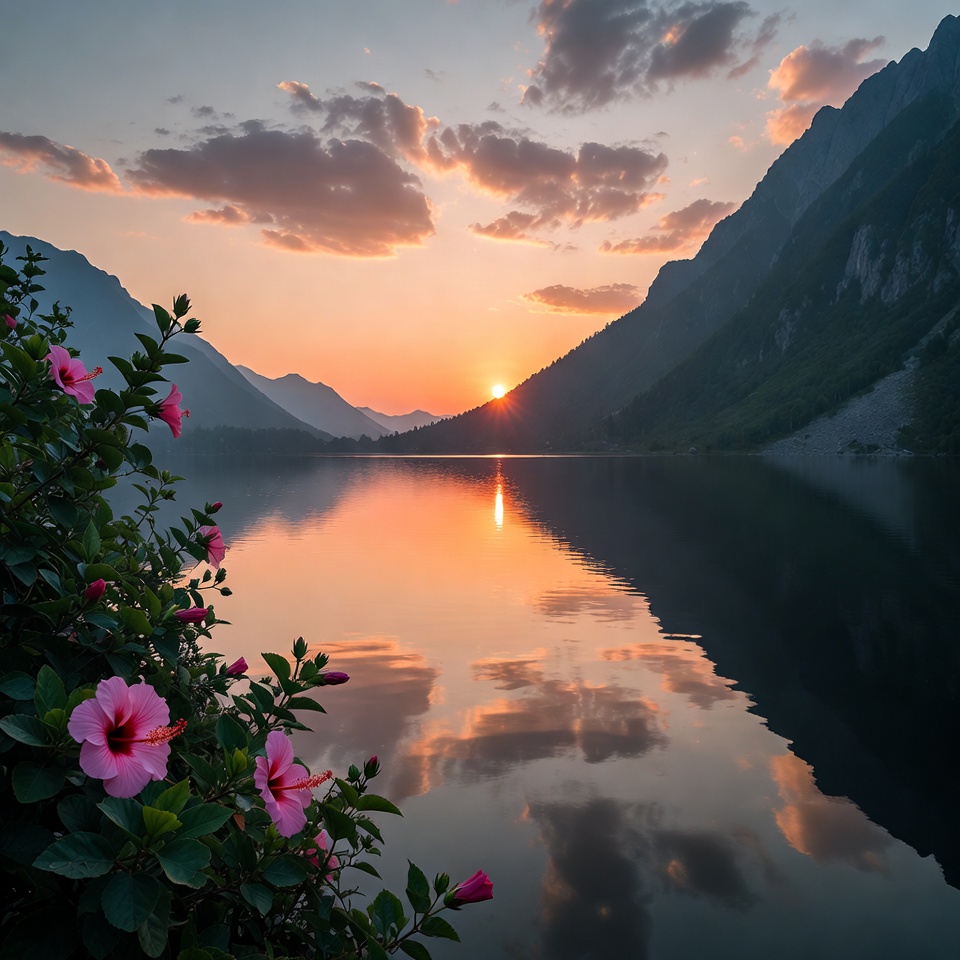 Sunset over mountain lake with flowers Sunset over mountain lake with flowers