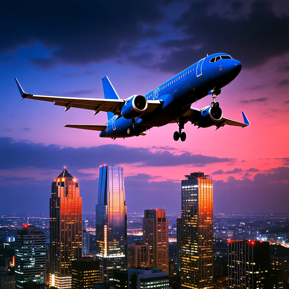 Airplane flying over city skyline at dusk Airplane flying over city skyline at dusk