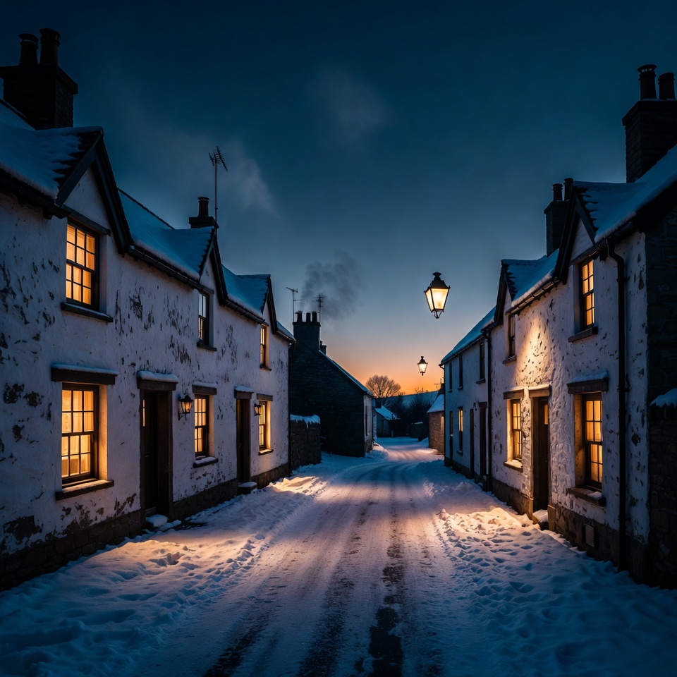 Snowy village at dusk with glowing lights Snowy village at dusk with glowing lights