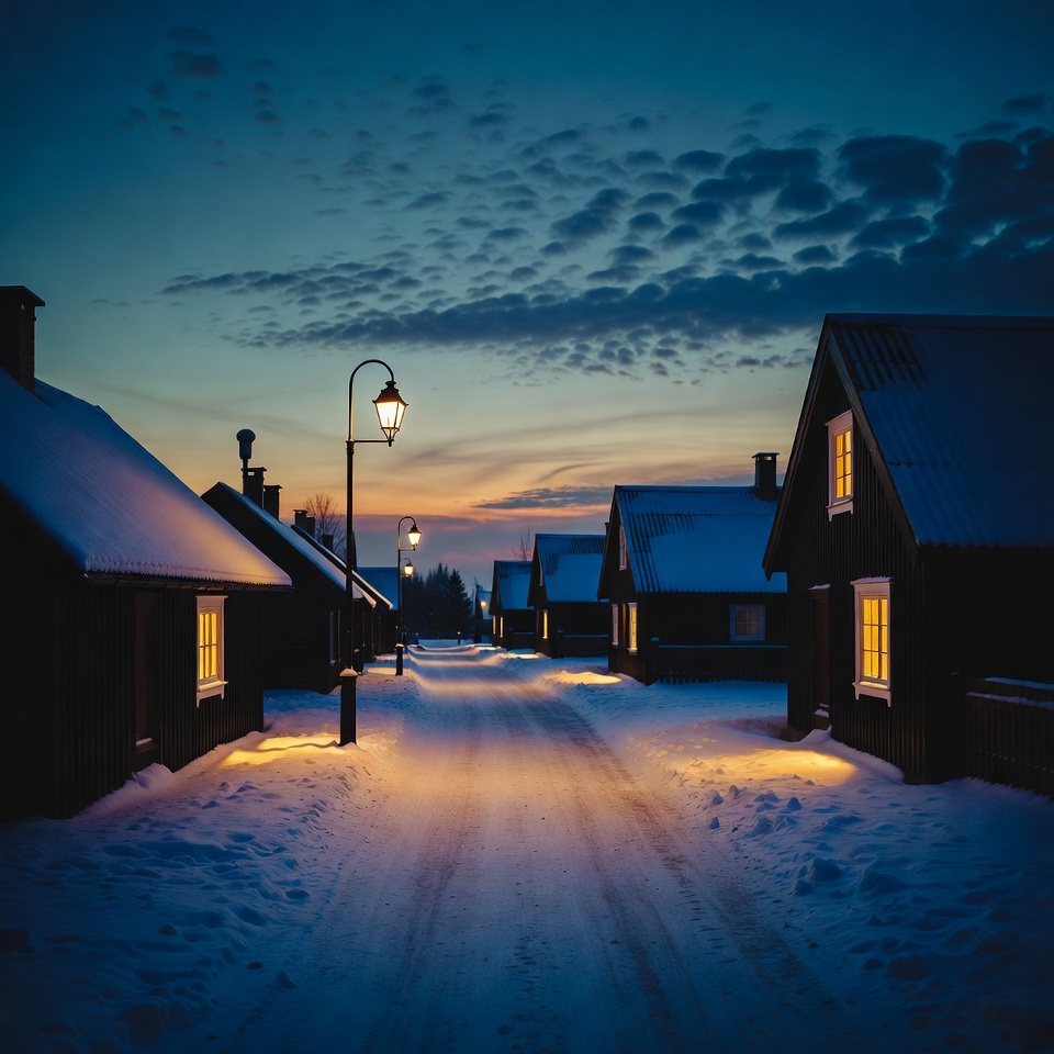 Snowy street with glowing windows Snowy street with glowing windows