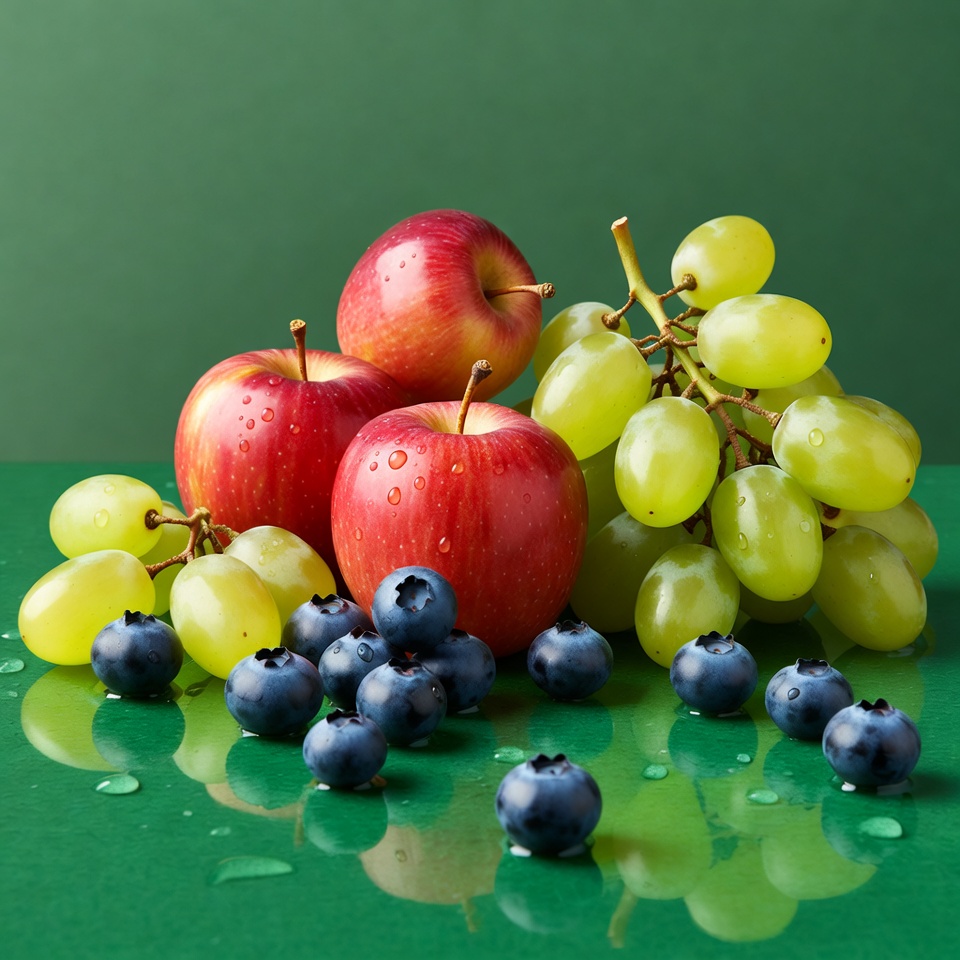 Fresh fruit arrangement on green surface Fresh fruit arrangement on green surface
