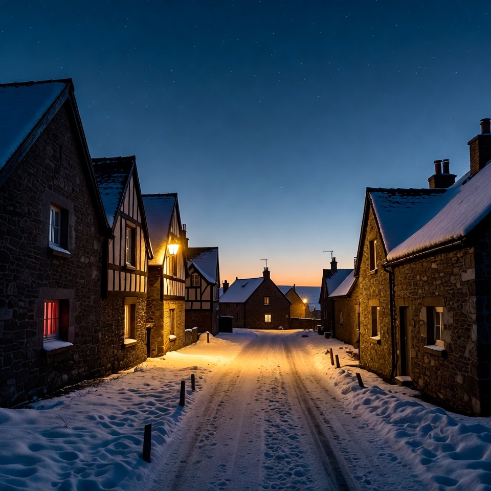 Snowy village street at dusk Snowy village street at dusk