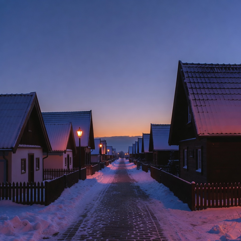 Snowy street at dusk in winter Snowy street at dusk in winter