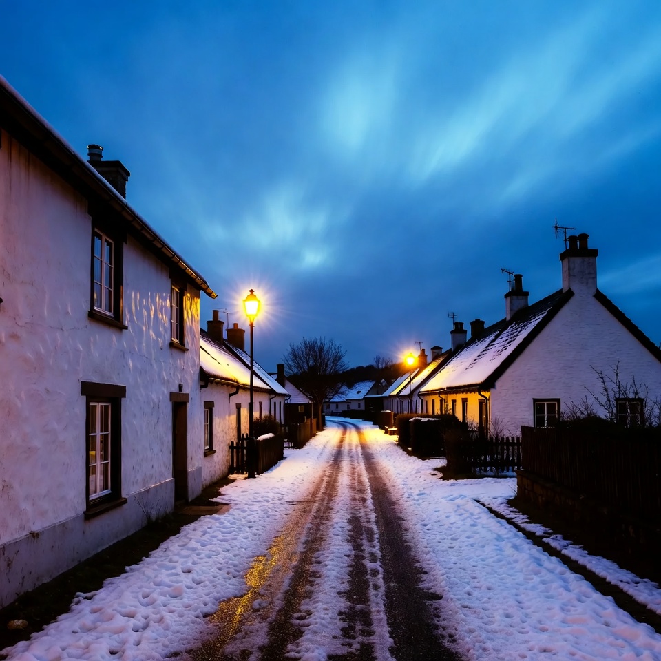 Snowy street in a village evening Snowy street in a village evening