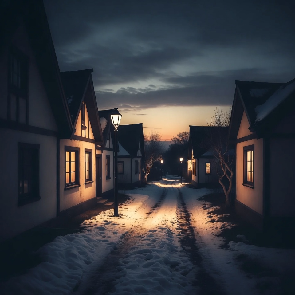 Snowy street at dusk with houses Snowy street at dusk with houses