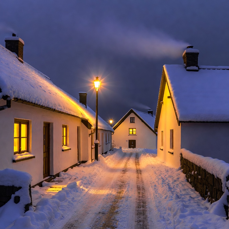 Winter evening in a snowy village Winter evening in a snowy village