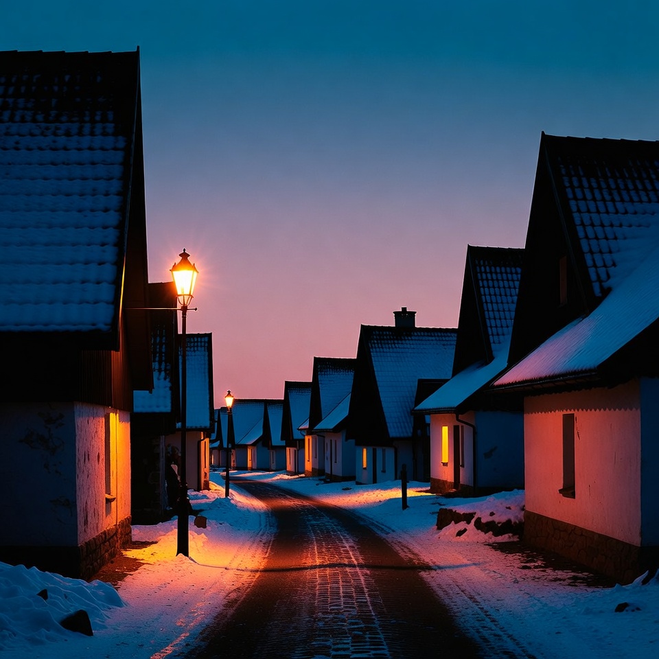 Winter village at twilight hours Winter village at twilight hours