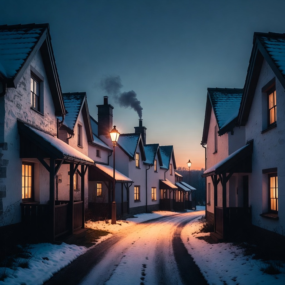 Snowy evening in a village street Snowy evening in a village street