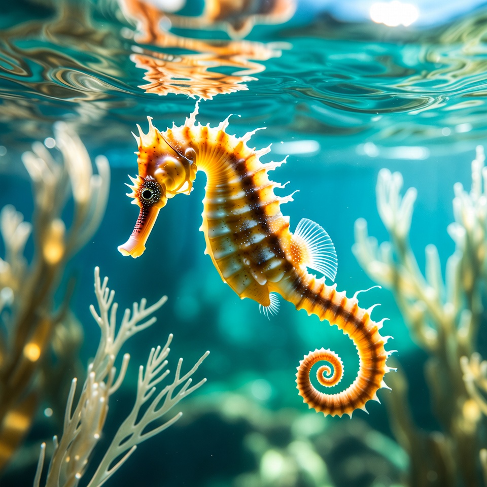 Seahorse swimming among coral reefs Seahorse swimming among coral reefs