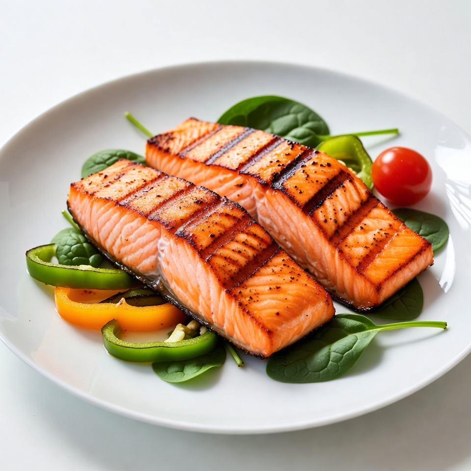 Grilled salmon with vegetables on plate Grilled salmon with vegetables on plate
