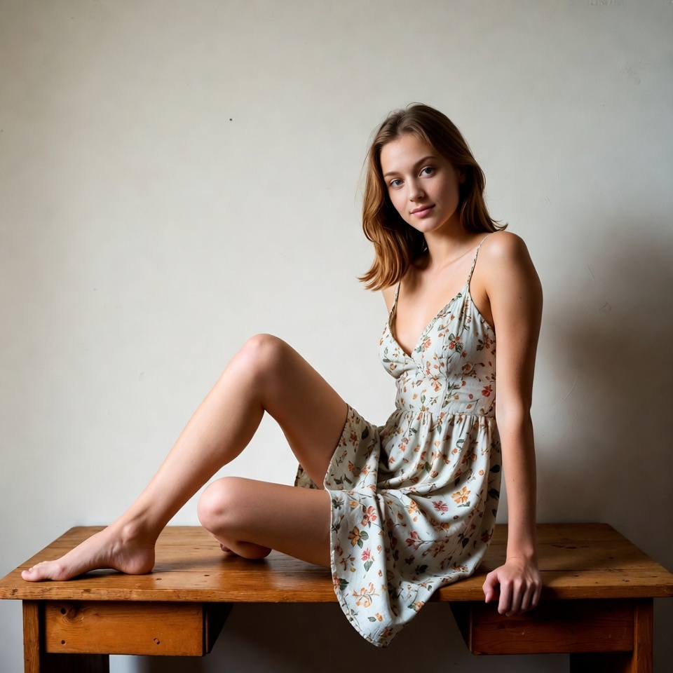 Woman sitting on table in dress Woman sitting on table in dress