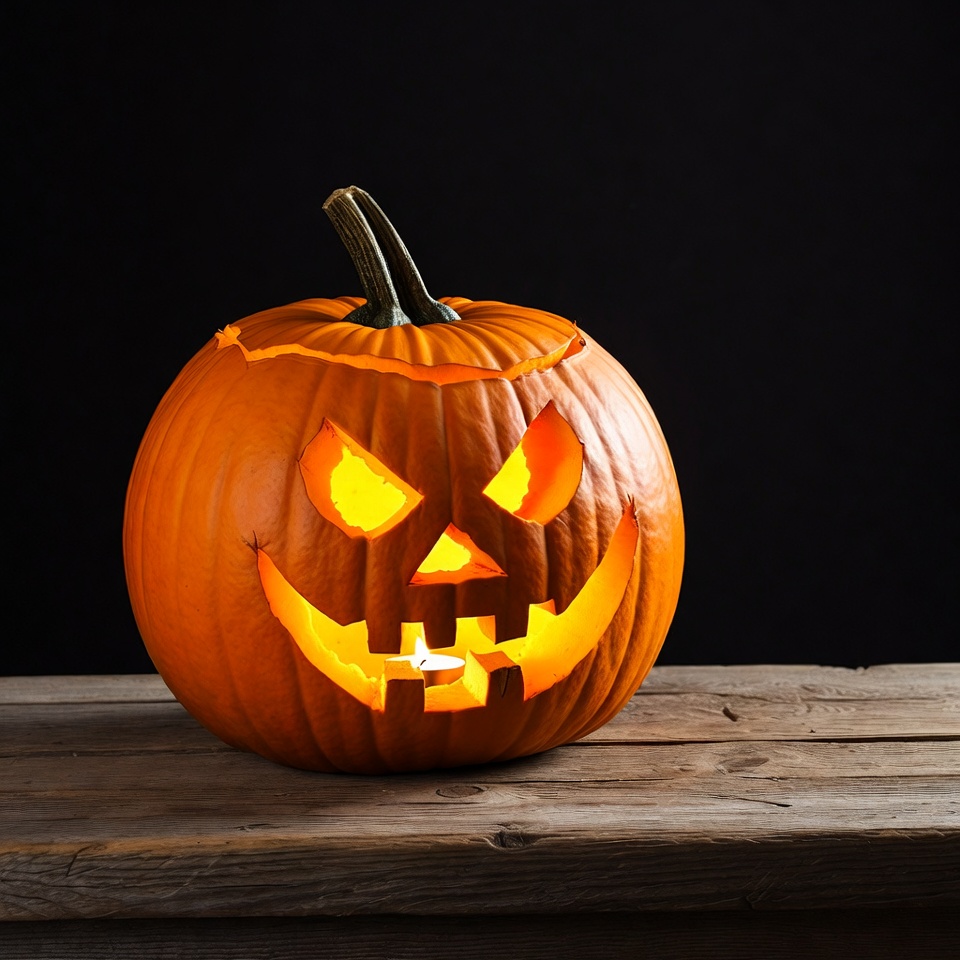Carved pumpkin on wooden table Carved pumpkin on wooden table