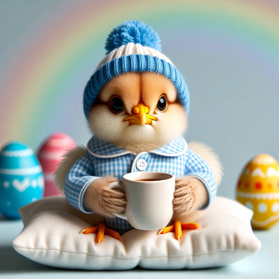 Chick in hat with coffee mug Chick in hat with coffee mug