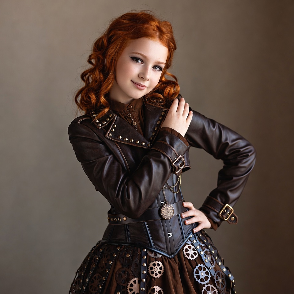 Young girl in steampunk outfit poses indoors Young girl in steampunk outfit poses indoors