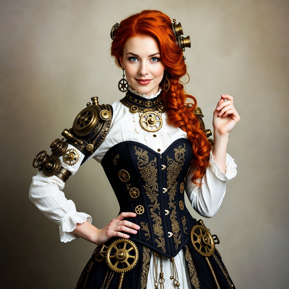 Woman in steampunk outfit poses confidently Woman in steampunk outfit poses confidently