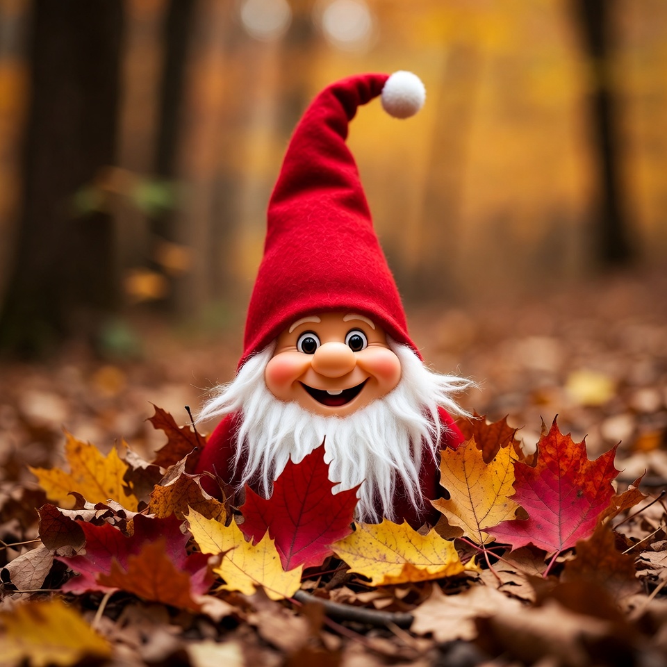Happy gnome in autumn leaves Happy gnome in autumn leaves