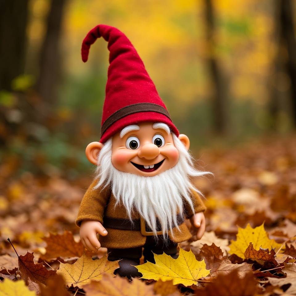 Gnome walking through autumn leaves Gnome walking through autumn leaves