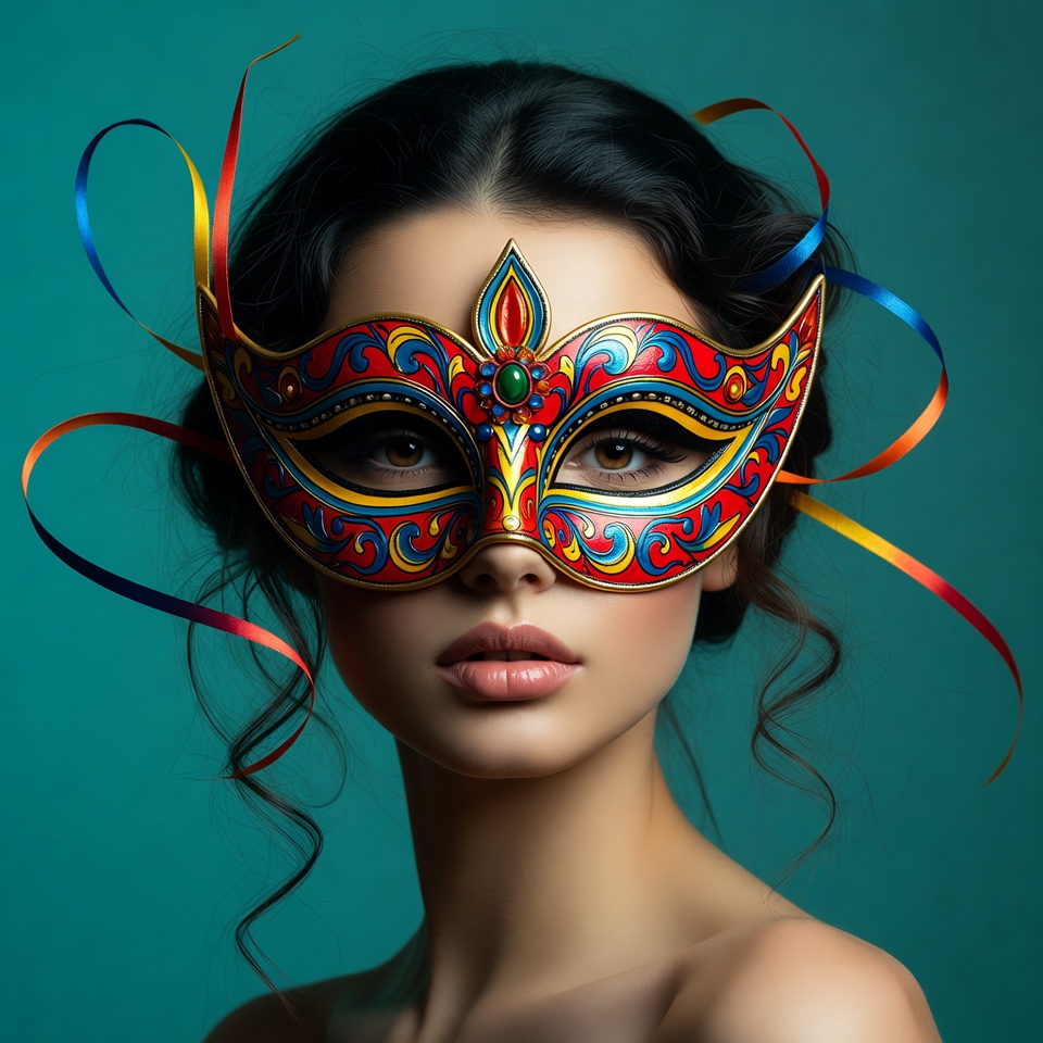 Woman with colorful mask and ribbons Woman with colorful mask and ribbons