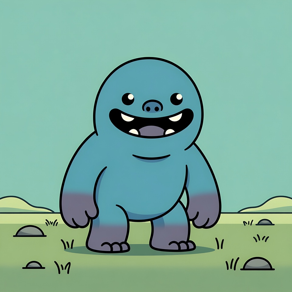 Cartoon character stands in green field Cartoon character stands in green field