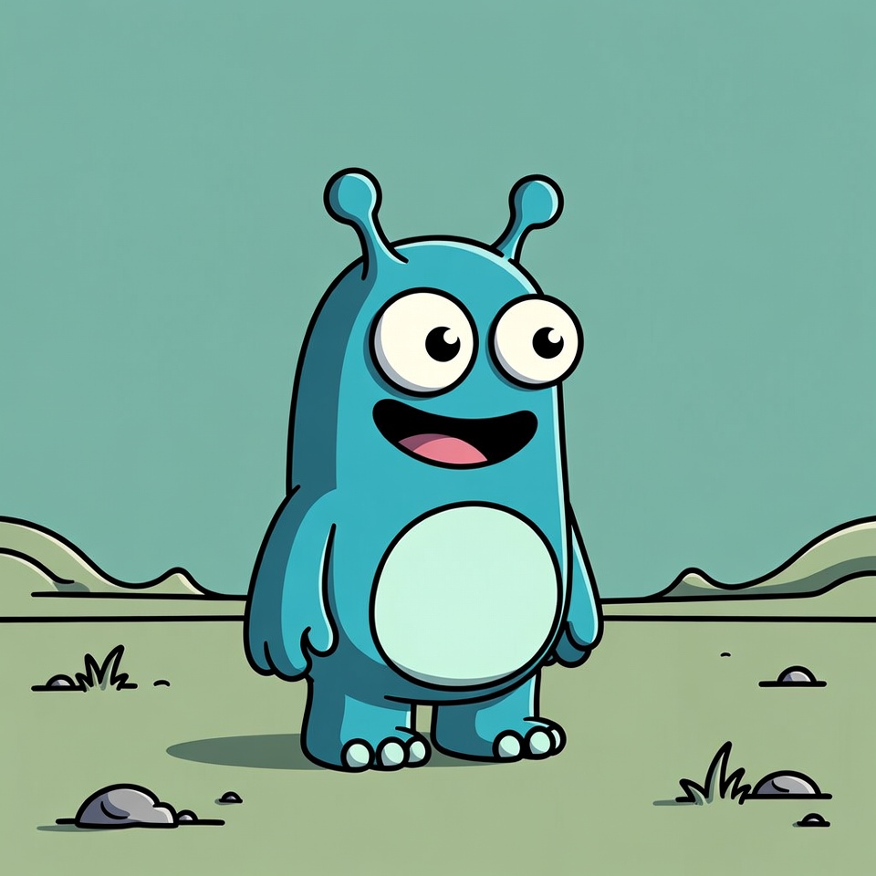 Blue cartoon character on green field Blue cartoon character on green field