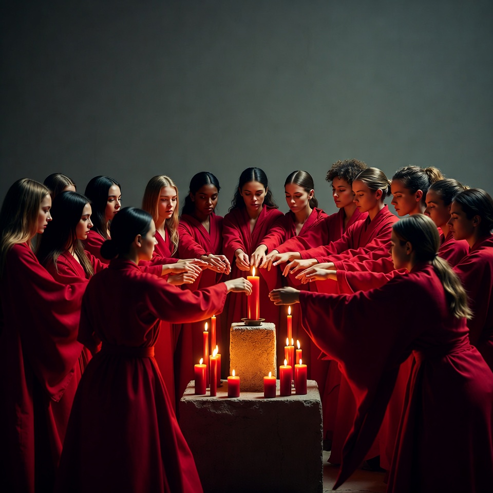 Group of people in red robes around candles Group of people in red robes around candles