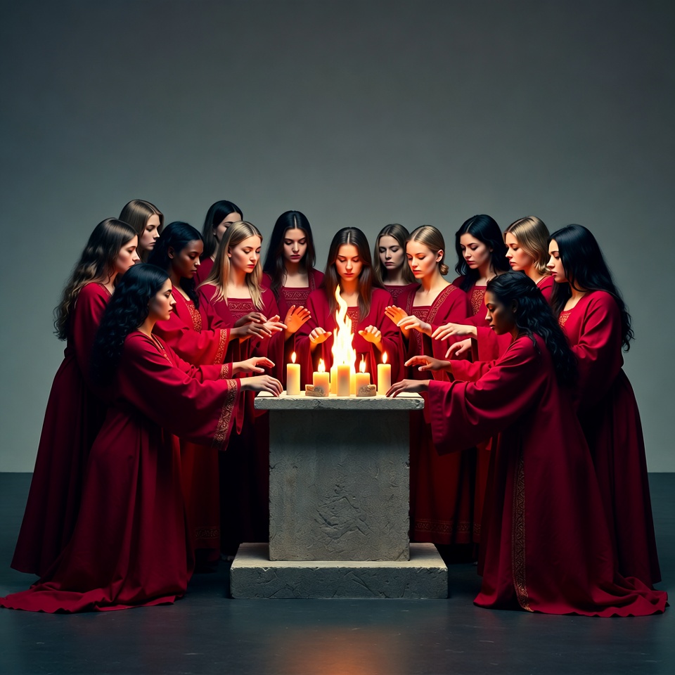 Women in red robes around candles Women in red robes around candles