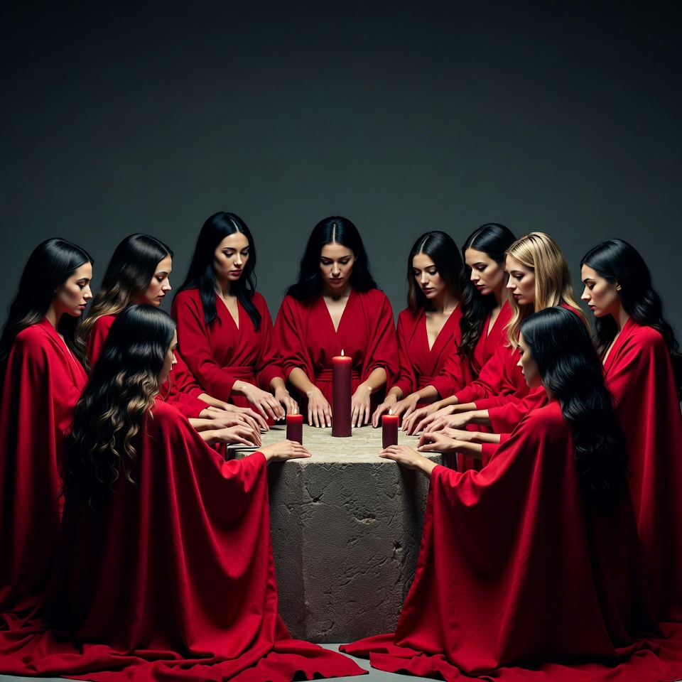 Women in red robes around stone table Women in red robes around stone table