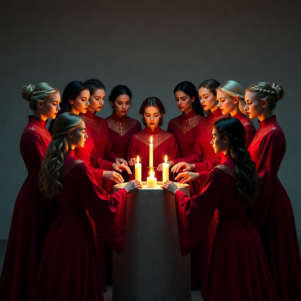 Women in red gathering around candles Women in red gathering around candles