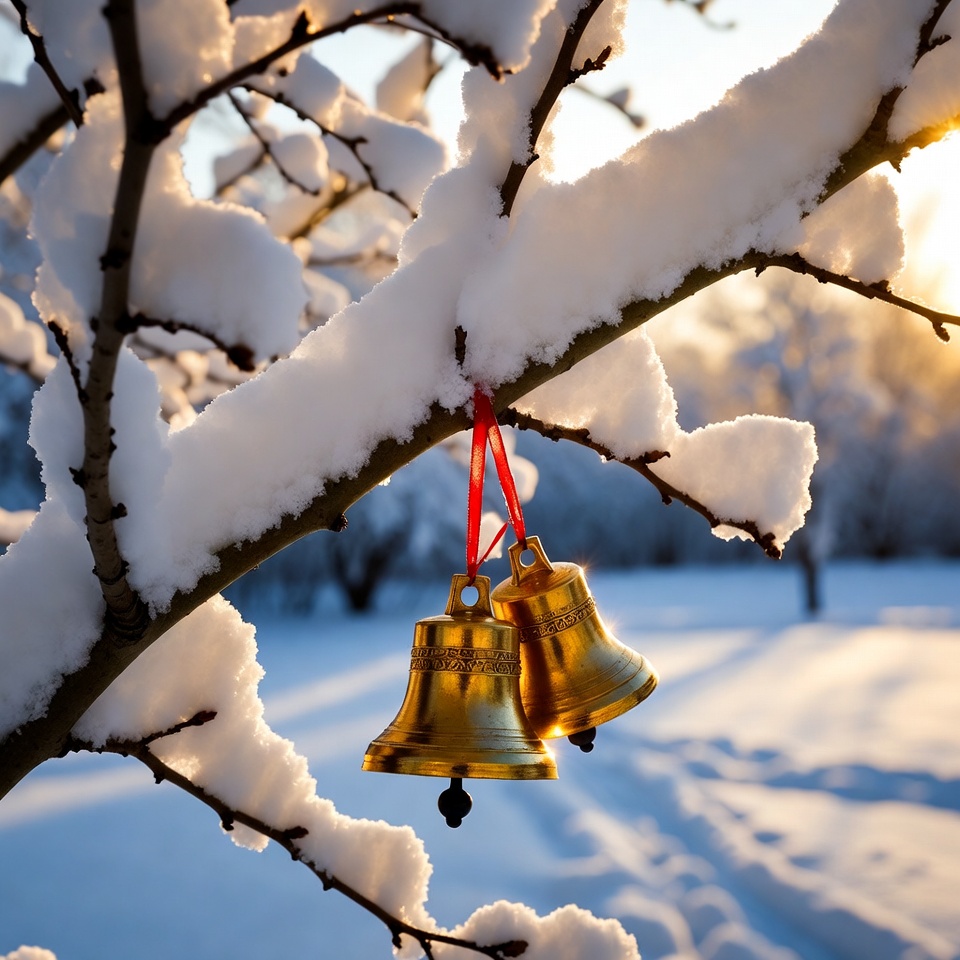 Bells hanging on a snowy branch Bells hanging on a snowy branch