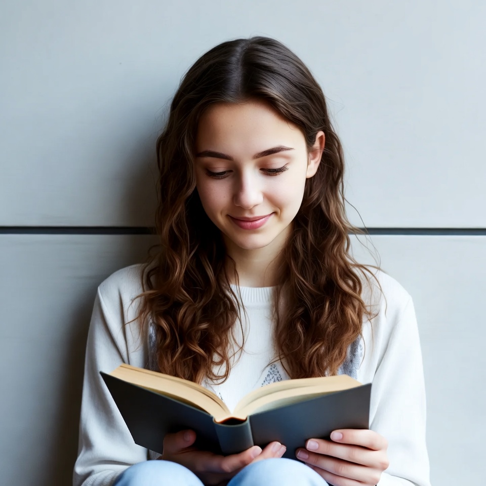 Girl reading book indoors Girl reading book indoors