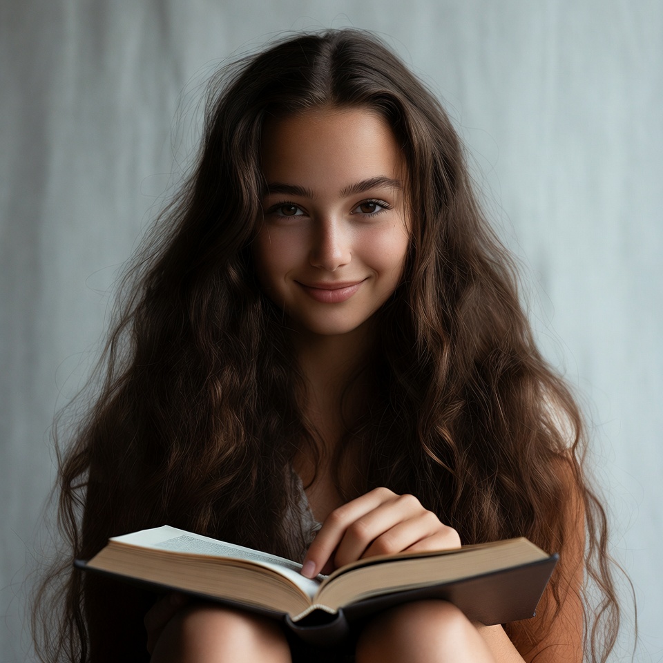 Young girl reading book indoors Young girl reading book indoors