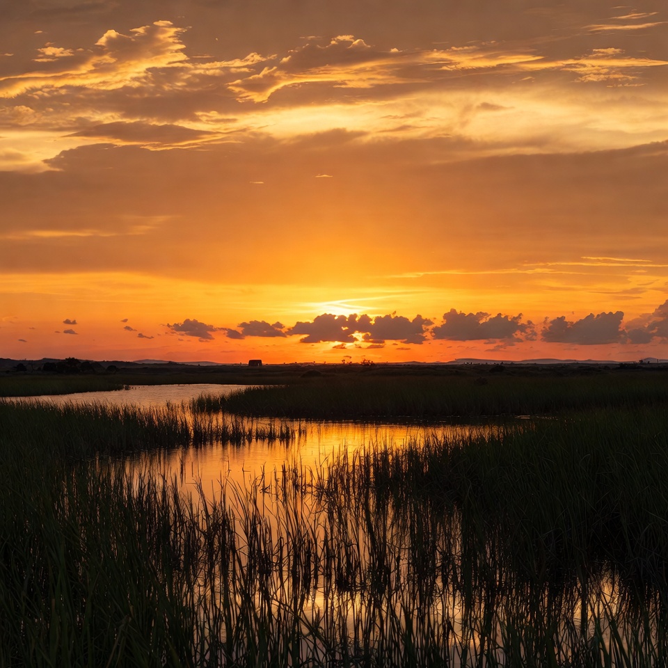Sunset over wetland landscape in summer Sunset over wetland landscape in summer