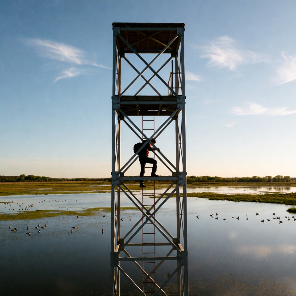 Climber on observation tower in marshland Climber on observation tower in marshland