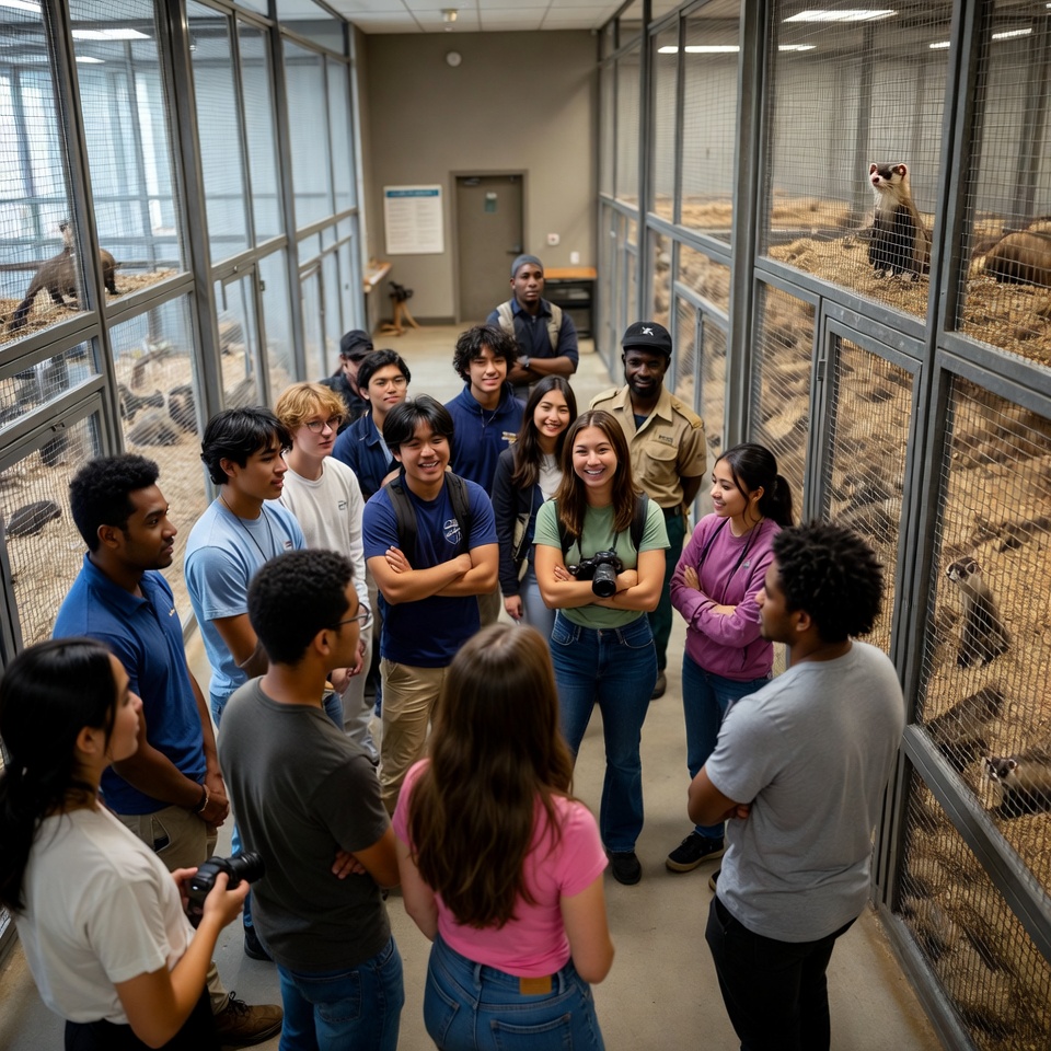 Group of people gather in animal facility Group of people gather in animal facility