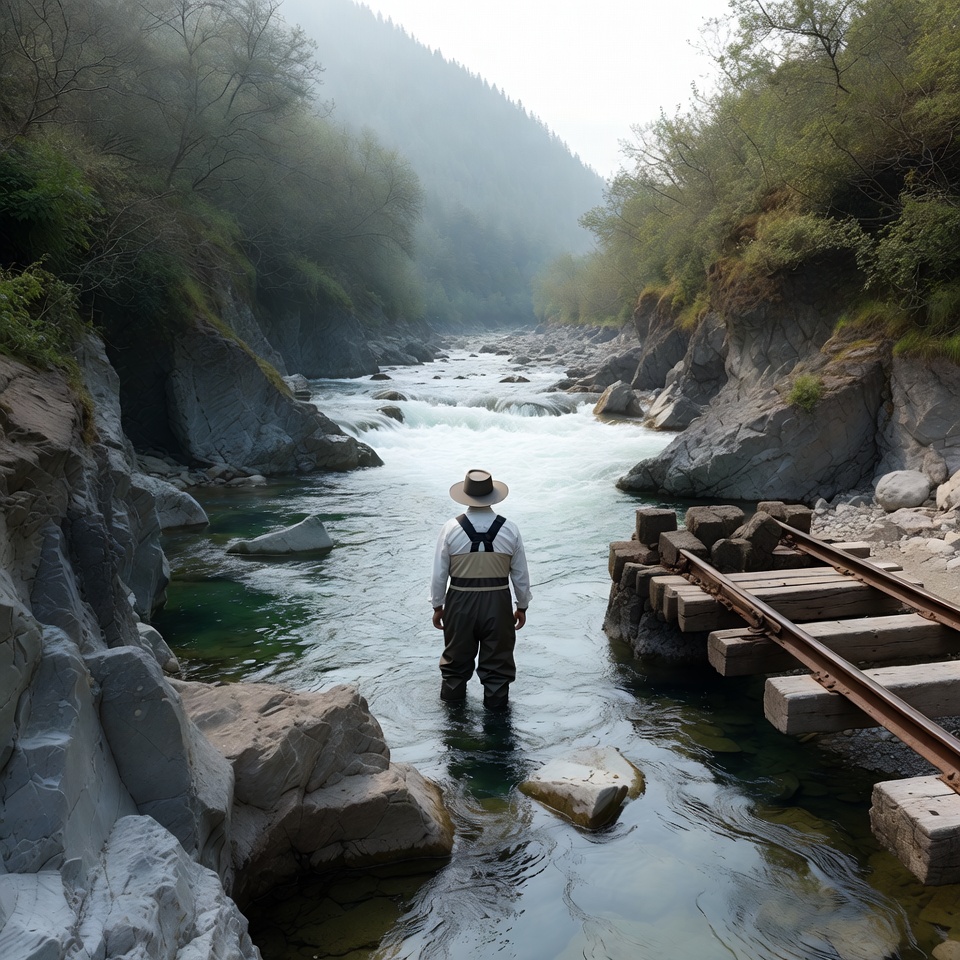 Man stands in river by rocky banks Man stands in river by rocky banks