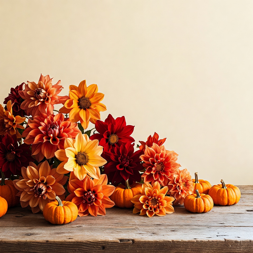 Fall flowers and pumpkins arrangement on table Fall flowers and pumpkins arrangement on table