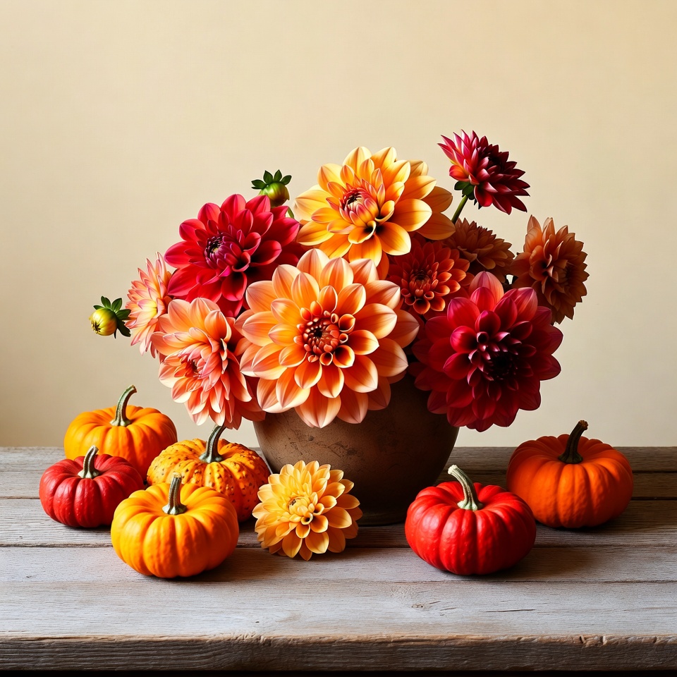 Flowers and pumpkins in fall display Flowers and pumpkins in fall display