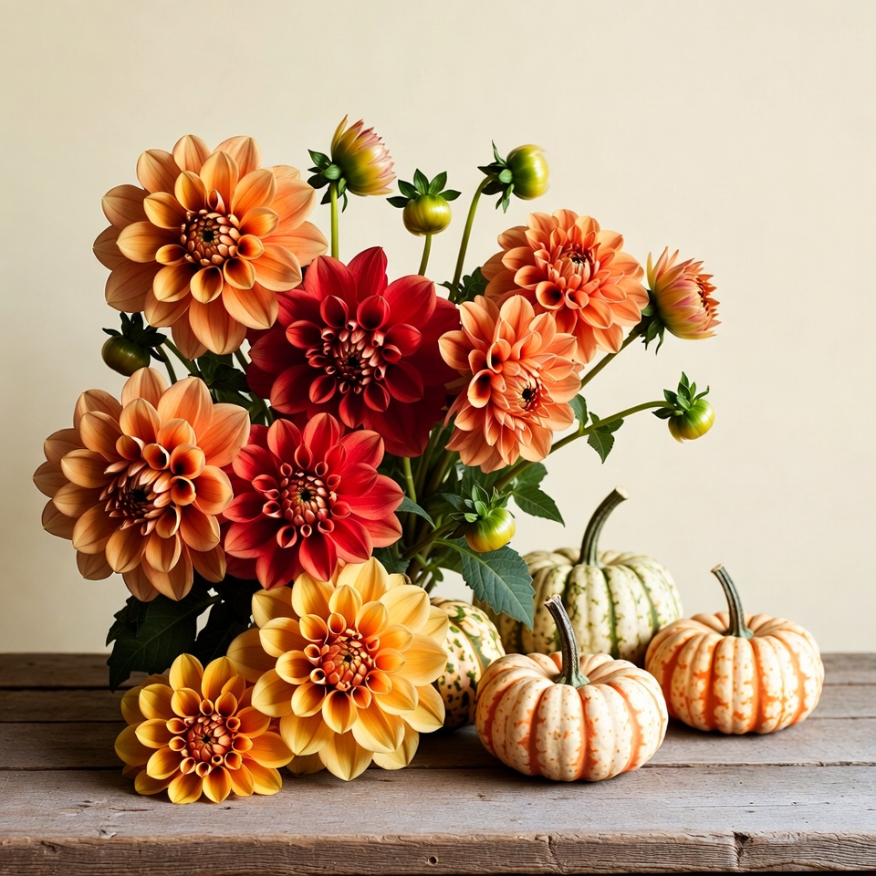 Flowers and pumpkins arrangement display Flowers and pumpkins arrangement display