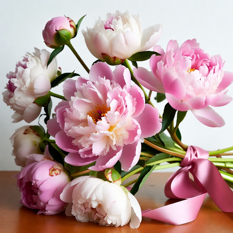 Flowers with ribbon on table Flowers with ribbon on table