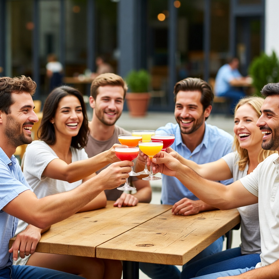 Friends celebrate with drinks outdoors Friends celebrate with drinks outdoors