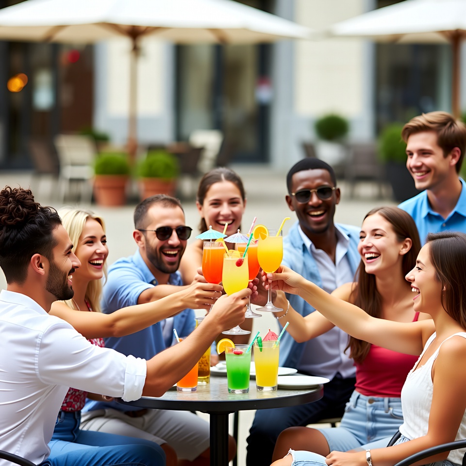 Friends celebrating with drinks outdoors Friends celebrating with drinks outdoors