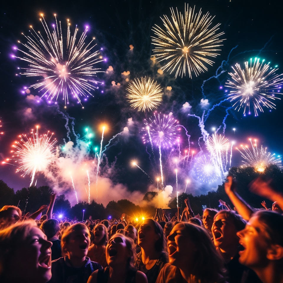 Crowd enjoys fireworks display at night Crowd enjoys fireworks display at night