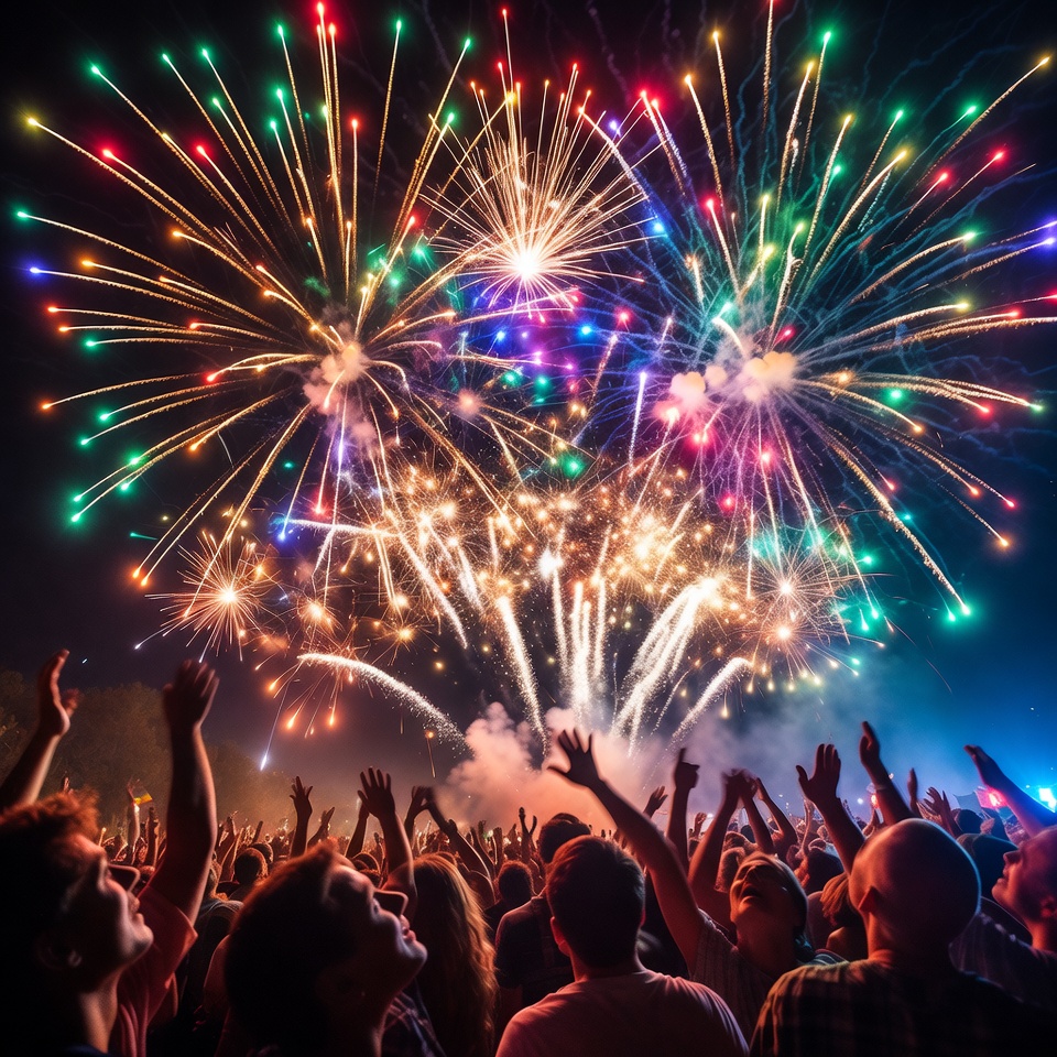 Crowd celebrates fireworks display at night Crowd celebrates fireworks display at night