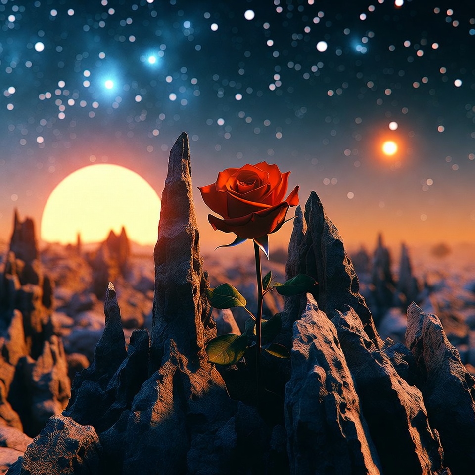 Flower on rocky landscape under stars Flower on rocky landscape under stars