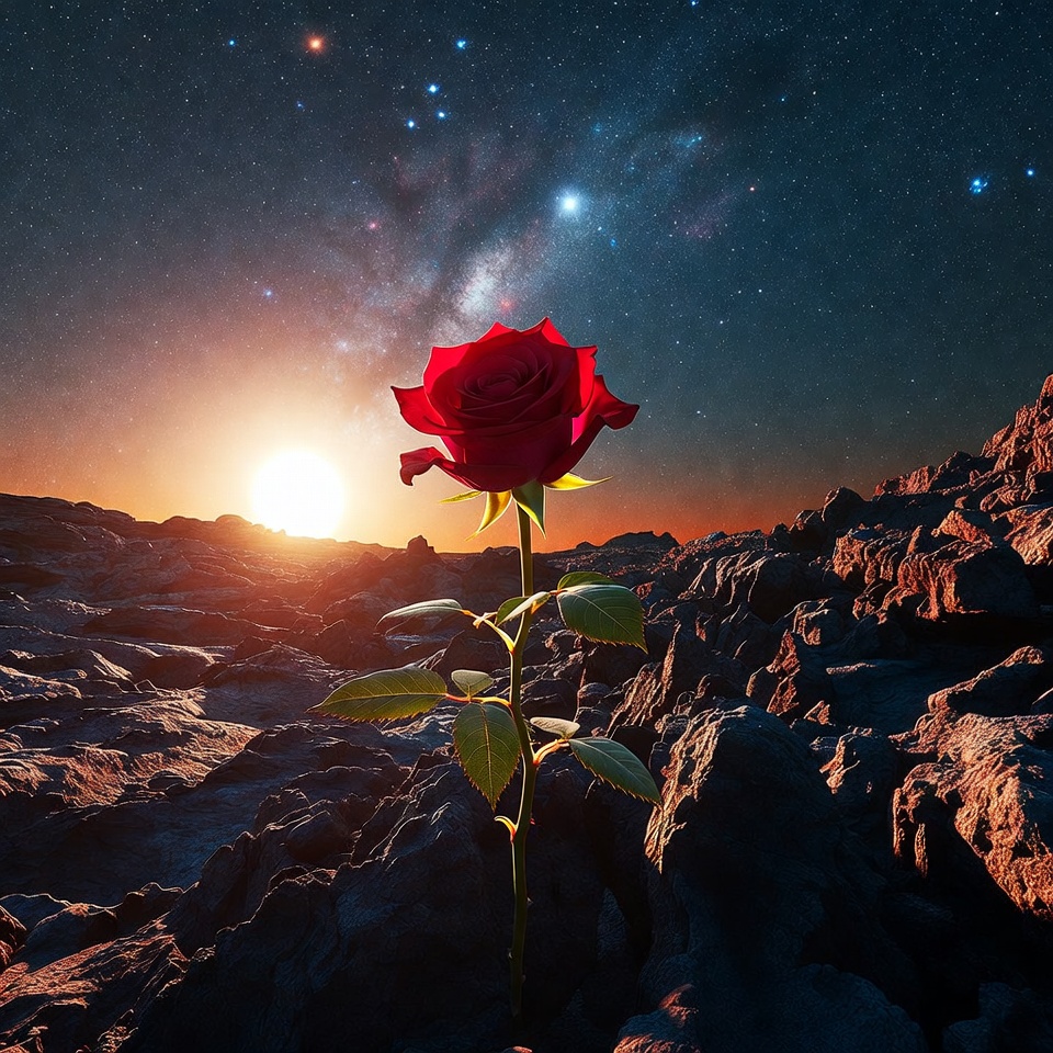 Rose on rocky landscape under stars Rose on rocky landscape under stars